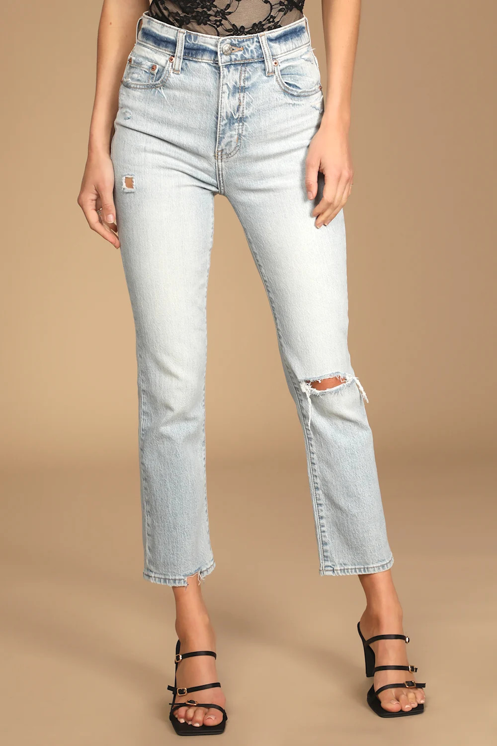 Shy Girl Light Blue High-Waisted Distressed Cropped Flare Jeans | Lulus (US)