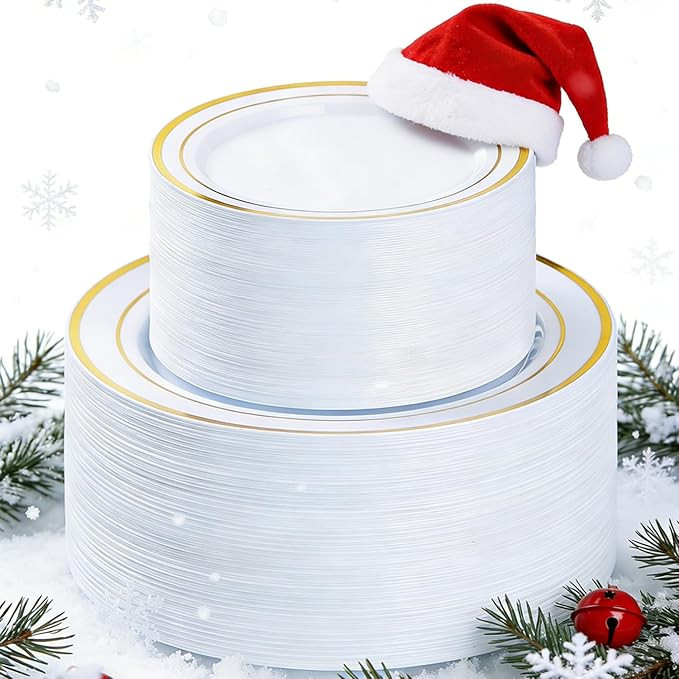 BESTVIP 200PCS Gold Plastic Plate, Disposable Party Plates with 100 Dinner Plates and 100 Dessert... | Amazon (US)