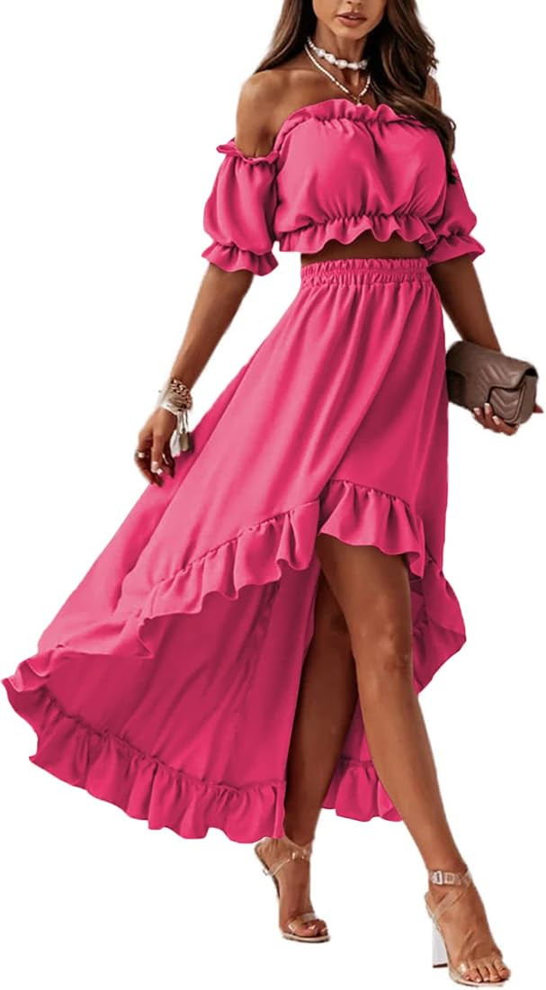 LYANER Women's Two Pieces Outfits Off Shoulder Crop Top and High Low Skirt Set | Amazon (US)