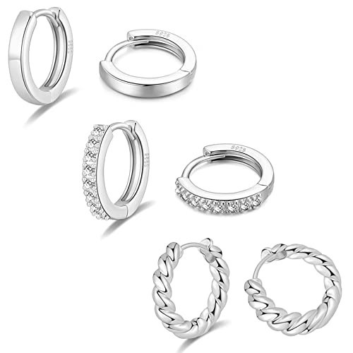 3 Pairs Silver Hoop Earrings for Women S925 Sterling Silver Huggie Hoop Earrings Hypoallergenic Lightweight Mini Hoop Earrings with Cubic Zirconia Small Silver Hoops for Women | Amazon (US)