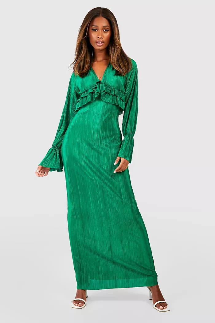 Plisse Long Sleeve Ruffle Detail Maxi Dress | Boohoo.com (US & CA)