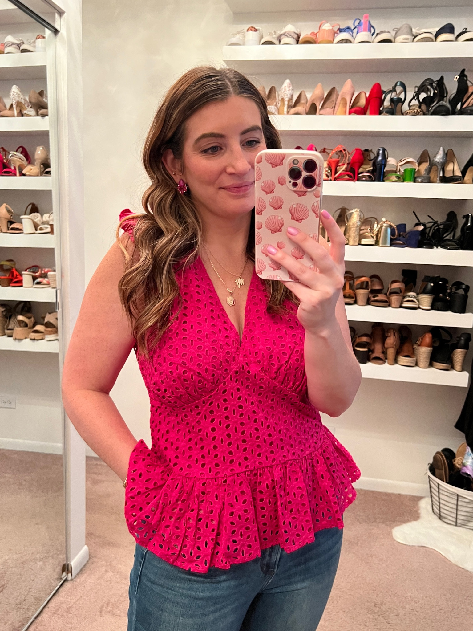 Pink eyelet top on sale, rhinestone earrings, palm tree necklace, initial necklace, pink seashell iPhone case, summer outfits, summer fashion, casual outfits 

#LTKFind #LTKunder50 #LTKsalealert