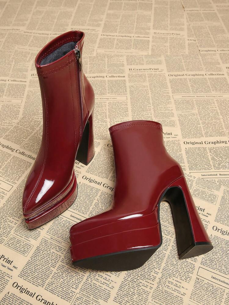 2025 Spring/Autumn New Elegant Black & Burgundy European Style Boots, Thick Heel Super High Heel Pointed Toe Platform Women's Short Boots, Fashion | SHEIN