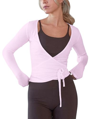 Womens Pilates Wrap Tie Top Y2k Slim Fit Long Sleeve Ballet Workout Top Yoga Cover Up Shirt Casual Outfit(Pink,XL) | Amazon (US)