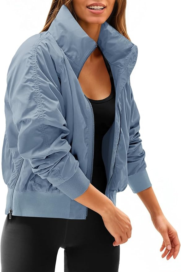 Fisoew Womens Windbreaker Crop Jackets Long Sleeve Zip Up Hidden Hooded Winter Bomber Jacket with... | Amazon (US)