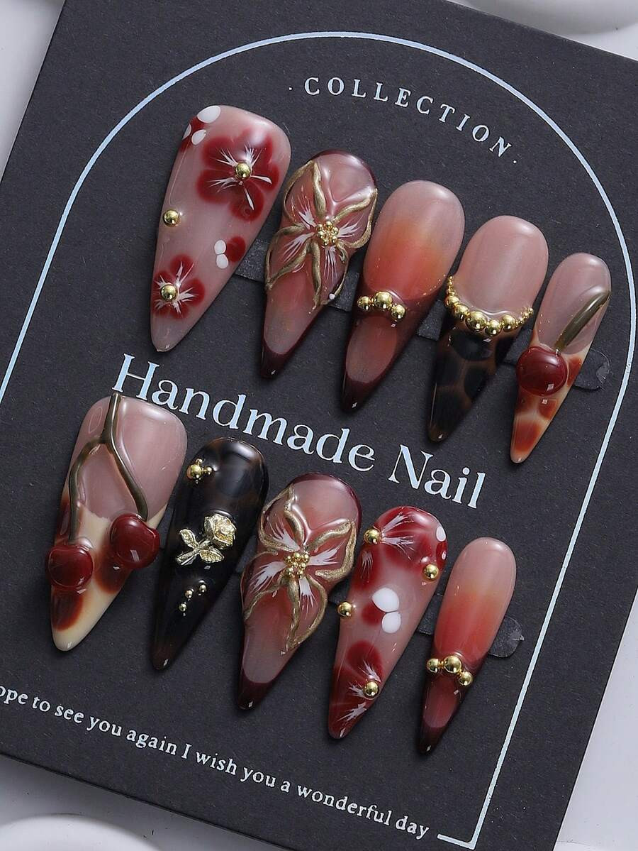 10Pcs European & American Style Extra Long Faux Nails, Premium Brown & Gold Edge 3D Carved Cherry... | SHEIN