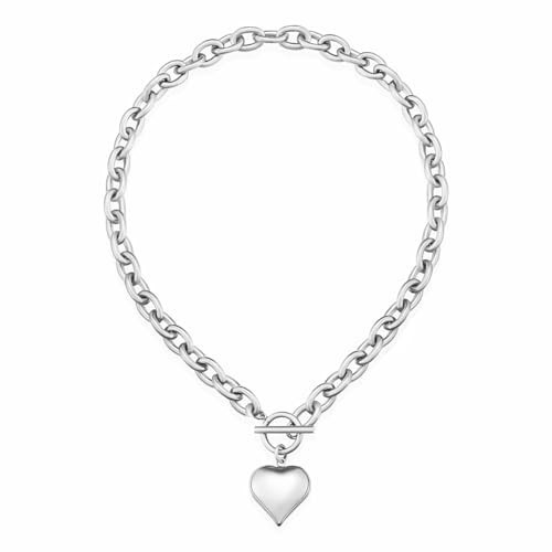 TOVABA Vintage Heart Necklaces for Women Chunky Silver Chain with Big Puffy Heart Pendant Toggle Necklace | Amazon (US)
