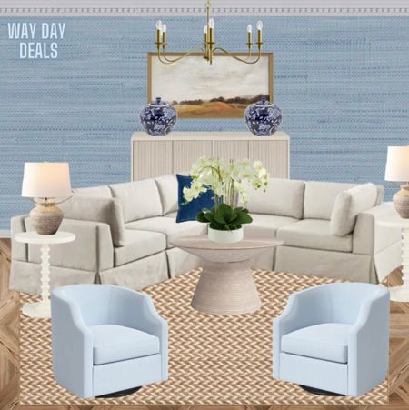 Wayfair Way Day Deals

Crown moulding. Grasscloth wallpaper. Canvas painting. Gold brass chandelier. Ginger jar. Fluted cabinet. Sectional sofa. Coffee table. Faux orchid. Spindle side table. Spool table. Lamps. Blue swivel chairs. Jute rug. Sisal rug  

#LTKsalealert #LTKhome