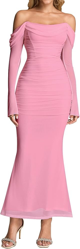 Amazon.com: KUTUMAI Off Shoulder Long Sleeve Maxi Dress Corset Bodycon Ruched Cocktail Formal Wed... | Amazon (US)