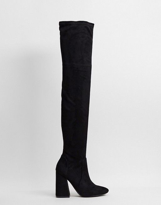 ASOS DESIGN Keeper heeled thigh high boots in black | ASOS (Global)