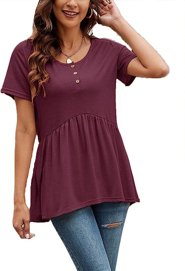 Women's Summer Short Sleeve Solid Blouse Casual Flowy Peplum Tops O-Neck Henley Button Down Tunic... | Amazon (US)