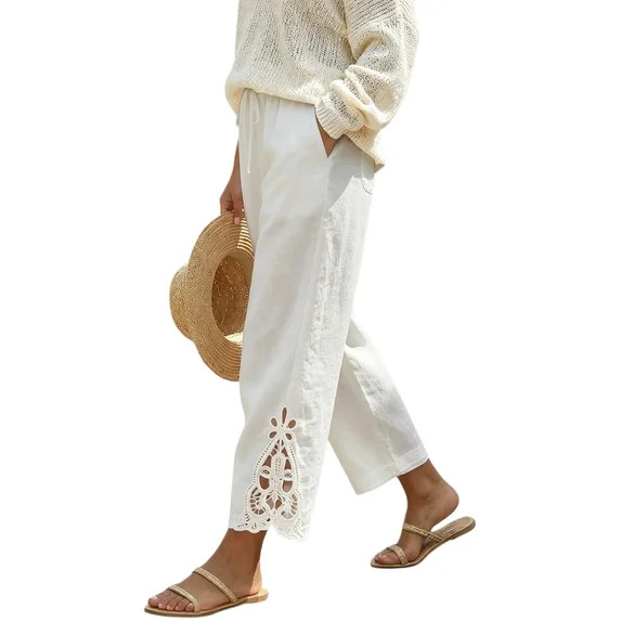DOKOTOO Linen Cotton Pants Women Casual Lightweight Drawstring Pants Elastic Waist Pants with Poc... | Walmart (US)
