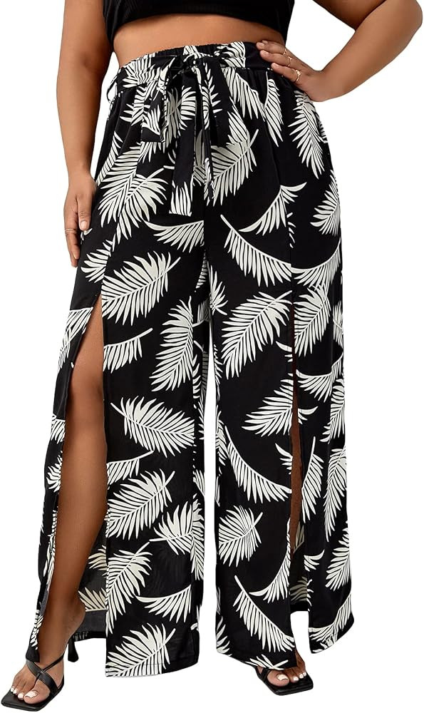 WDIRARA Women's Plus Size Tropical Print Wide Leg Split Hem Tie Front Belted Boho Pants | Amazon (US)