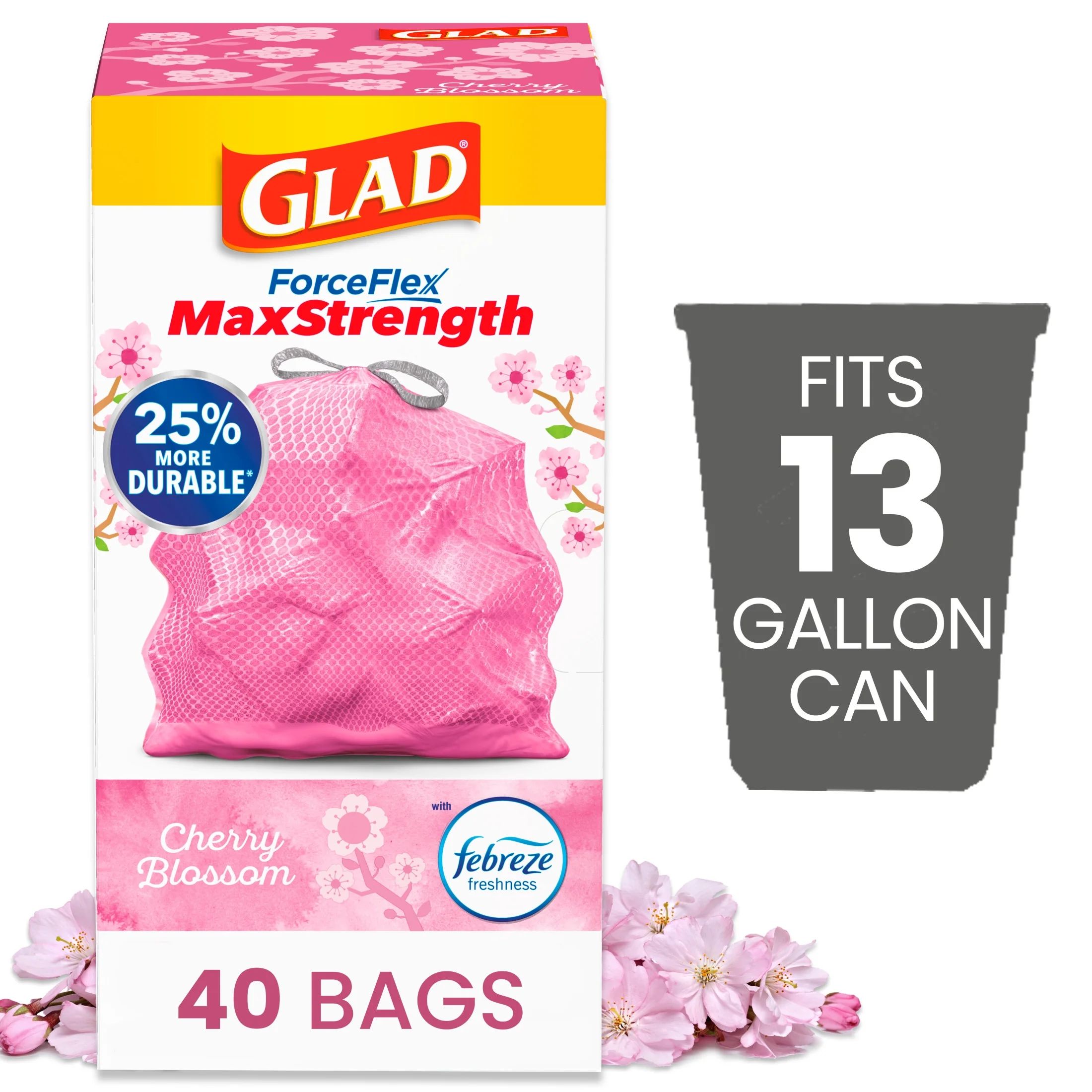Glad ForceFlex MaxStrength 13 Gallon Tall Kitchen Drawstring Trash Bags, Cherry Blossom, 40 Bags | Walmart (US)