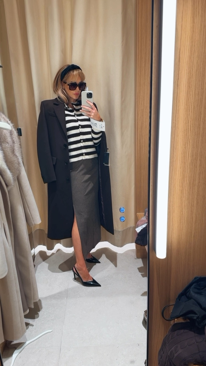 Chocolate coat and stripe jumper 