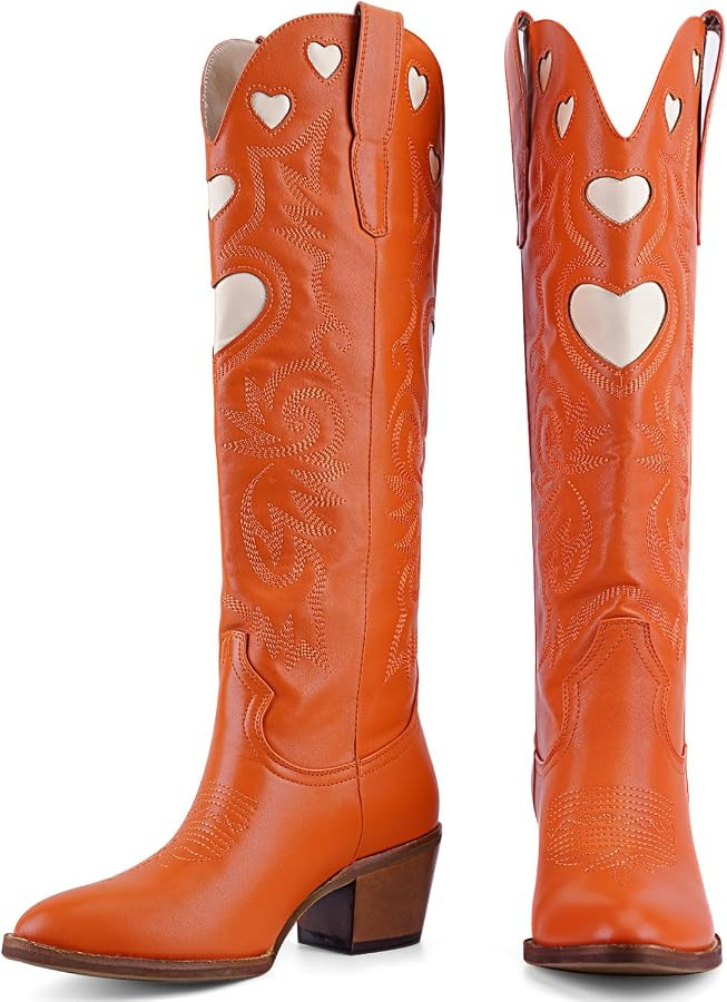 Knee High Boots for Women Heart Embroidered Western Boots Round Toe | Amazon (US)