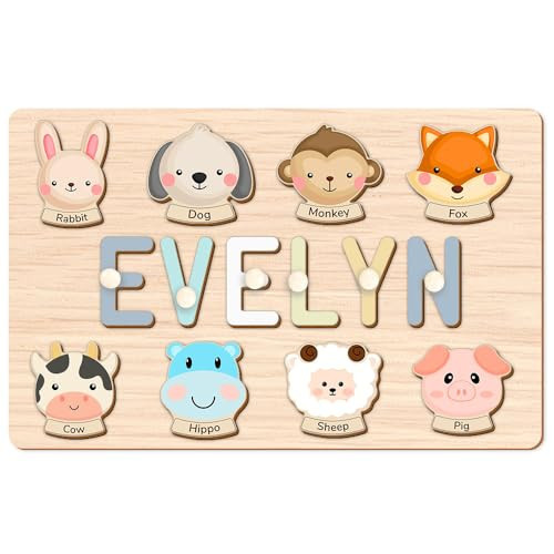 Name Puzzle for Kids Personalized, Custom Wooden Name Puzzle for Toddlers 1-3, Personalized Baby Easter Gifts 1st Birthday Gifts for Girl and Boy, Animal Puzzle Engraved Text On Back, Learning Toy | Amazon (US)