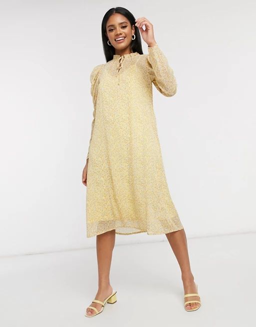 Vero Moda Aware chiffon midi dress with volume sleeve in yellow ditsy floral | ASOS (Global)