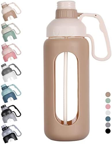 MUKOKO 56oz Glass Water Bottle with Straw, Motivational Water Bottle with Silicone Sleeves and Handl | Amazon (US)