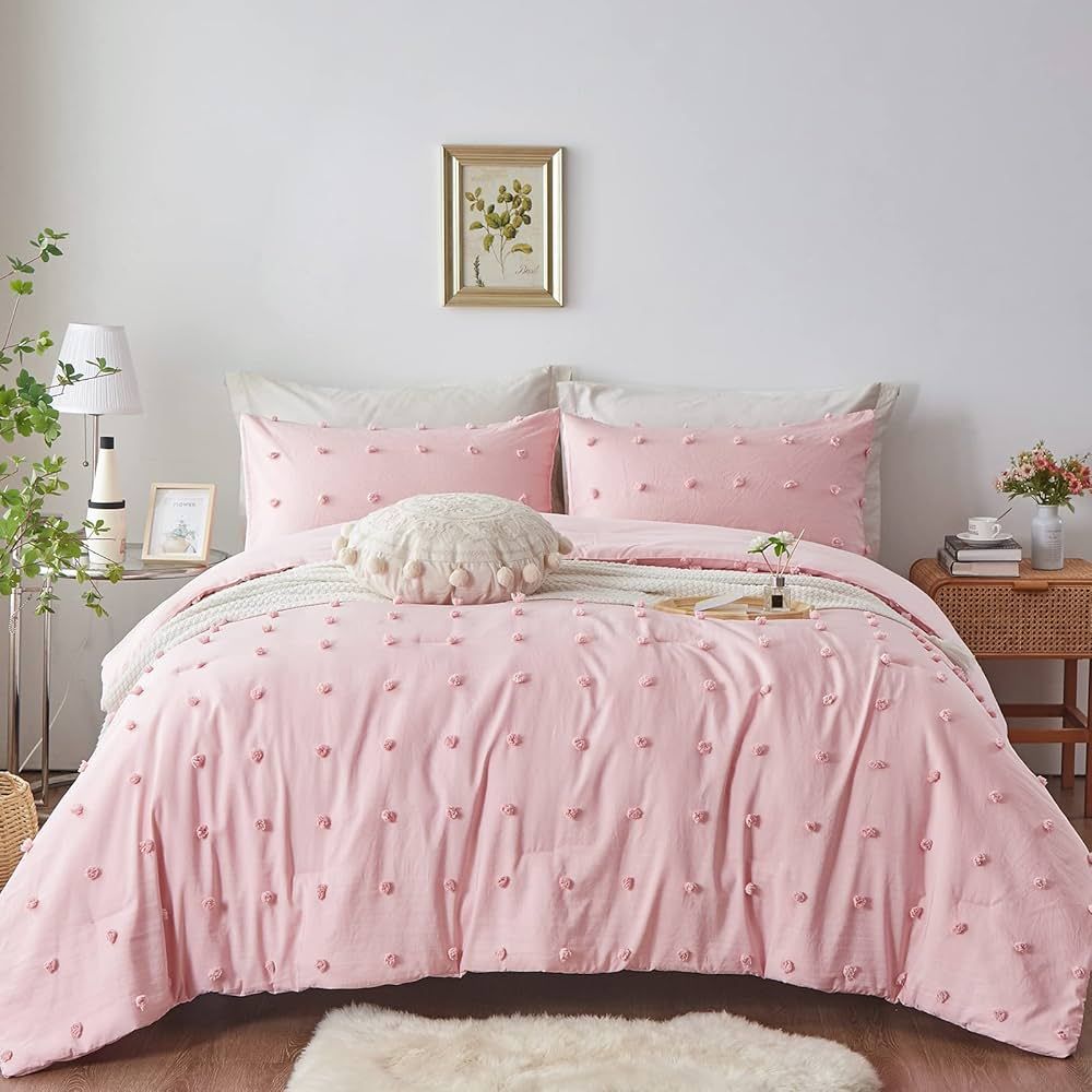 FLYMME Light Pink Comforter Set Queen 3 Pieces, Soft Lightweight Pink Pom Pom Microfiber Bedding ... | Amazon (US)