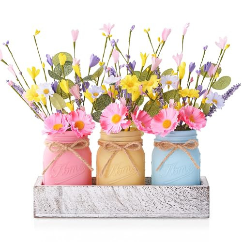 KIVIVO Mason Jar Spring Easter Table Decor, Centerpieces for Tables with Daisy Artificial Flowers, Farmhouse Wood Tray, Spring Table Centerpiece, 10 Pcs Spring Decorations for Home, Kitchen, Office | Amazon (US)