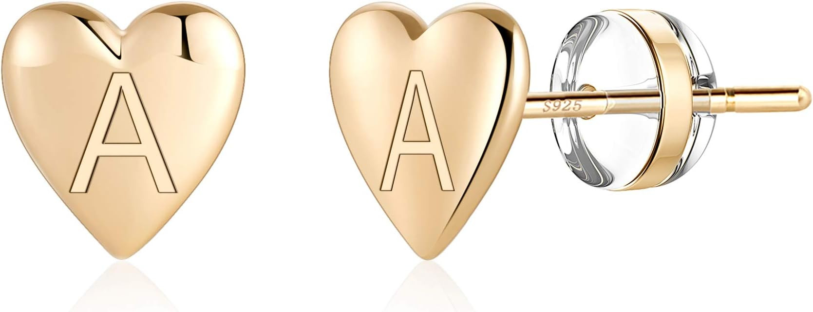 Heart Initial Stud Earrings for Girls - S925 Sterling Silver Post 14K Gold Plated Dainty Letter E... | Amazon (US)
