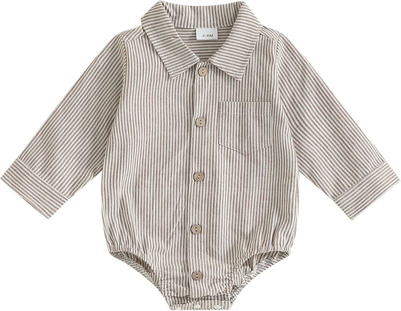 Karuedoo Newborn Baby Boy Clothes Cotton Linen Shirt Bodysuit Button Up Roll Up Long Sleeve Rompe... | Amazon (US)