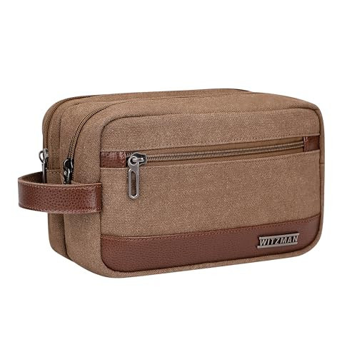 WITZMAN Canvas Toiletry Bag for Men Hanging Dopp Kit Organizer Water-resistant Travel Toiletries bag Men Bathroom Bag with Wet Pocket(A8001 Brown) | Amazon (US)