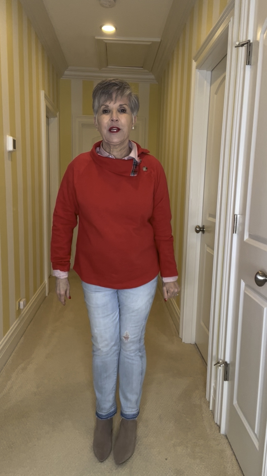 If you love cozy casual Valentine’s Day ❤️ looks, you will love this red @jcrewfactory sweatshirt over a red striped shirt. I wore it over @madewell distressed jeans and sand colored booties for the win 🥇! 
HOW TO SHOP:
1.❤️Text me “links please” and I’ll send them right over.
2. ❤️Click on the links in my stories.
3. ❤️Click on the link in my profile to my LTK site! Please follow me here for lots of secret fashion tips!
4. ❤️Click on this YouTube video: https://youtu.be/edZB2Iiw-io?si=0rKC06SYZVR3ub4J

#LTKShoeCrush #LTKOver40 #LTKWatchNow