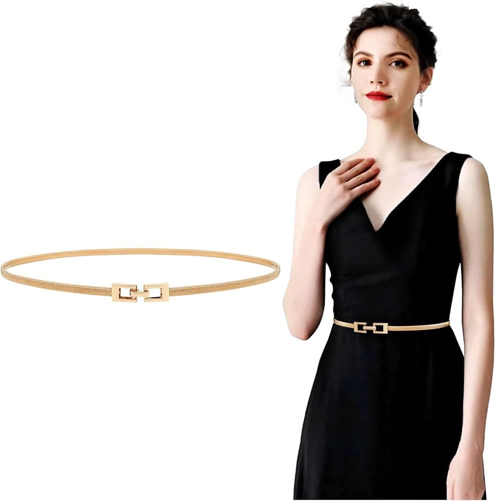 JASGOOD Women Skinny Metal Waist Belt Gold Waistband Elastic Metal Chain Waist Belt for Dress | Amazon (US)
