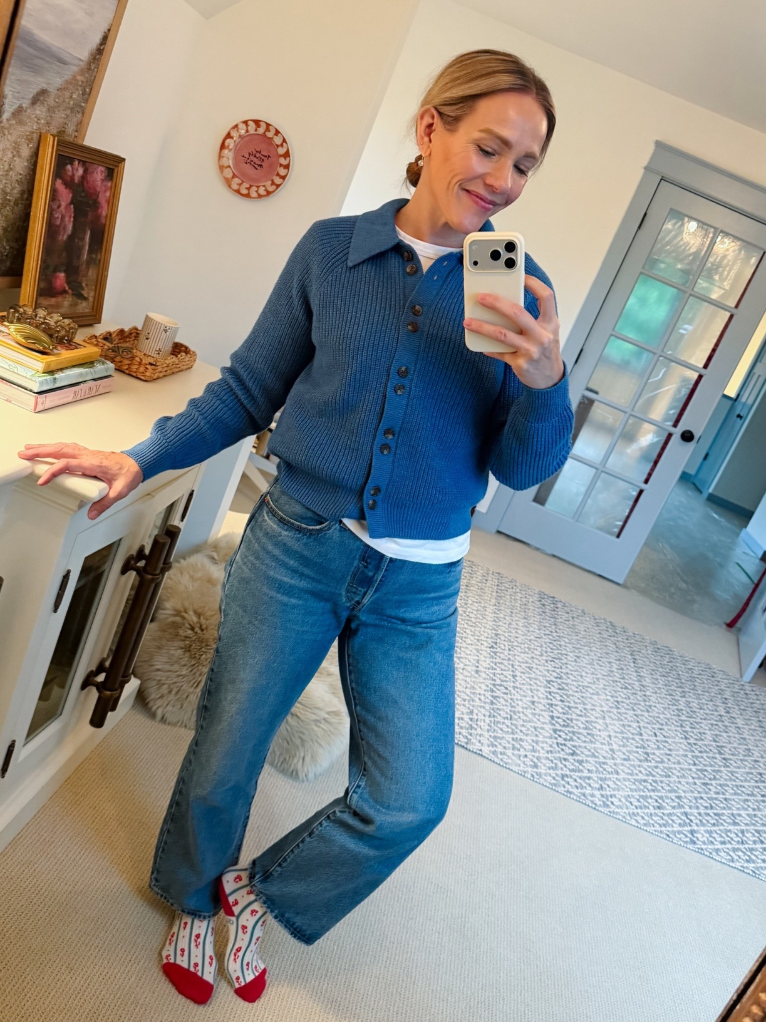 Jeans are just over $100! Wearing an ankle length, I'm 5'3", the white tee we all need for Fall layers and how fun are the buttons on this sweater! Classic and unexpected, wearing my regular size small. New to me sock brand that you won't mind having to take your shoes off at a friends house ~ xo, Claire

#LTKootd #LTKSeasonal #LTKOver40