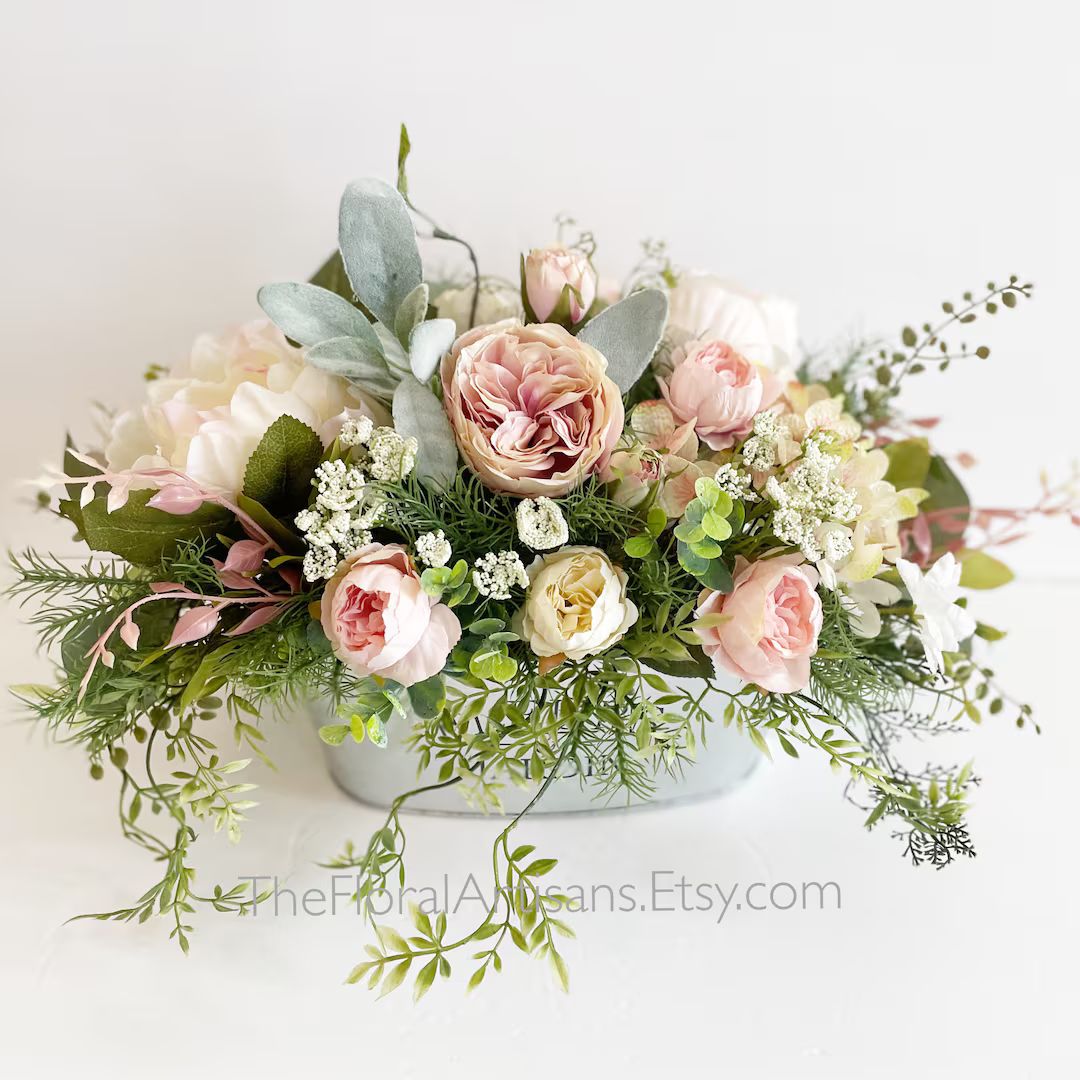BEST SELLER! Farmhouse Style Floral Arrangement | Pink Floral Arrangement | Blush Floral Centerpi... | Etsy (US)