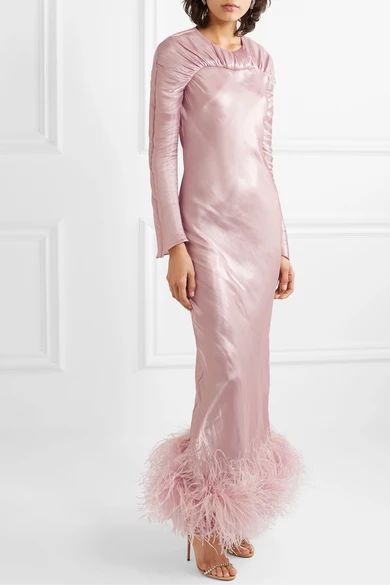 Astair open-back feather-trimmed ruched satin gown | NET-A-PORTER (US)