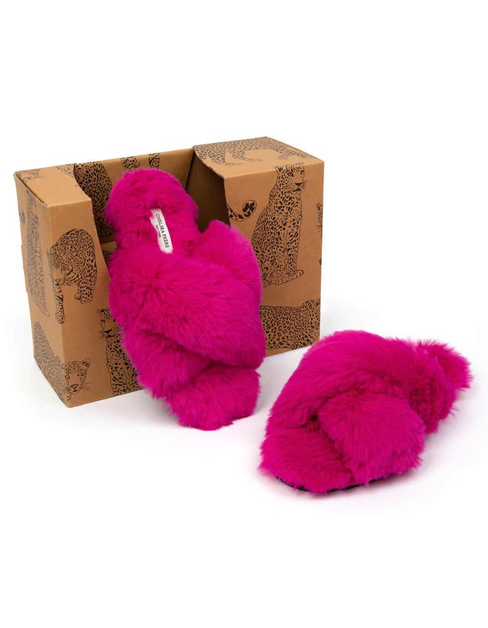 Women's Hot Pink Fluffy Cross Strap Slider Slippers | Chelsea Peers NYC