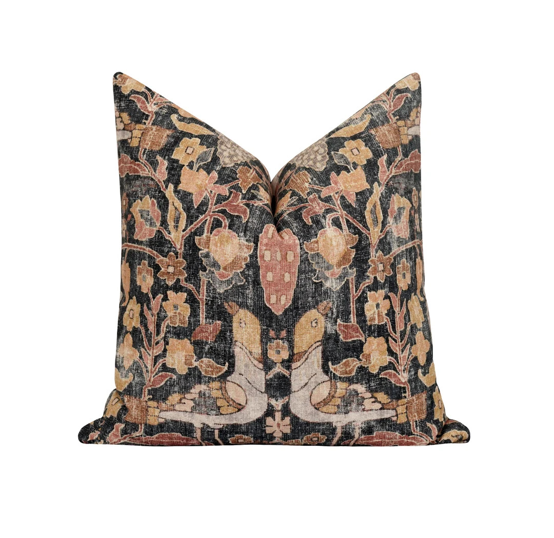 DOUBLE SIDED Pillow Cover, Floral Bird Turkish Folk Inspired Print Pillow, 18 20 22 Washed Black ... | Etsy (US)