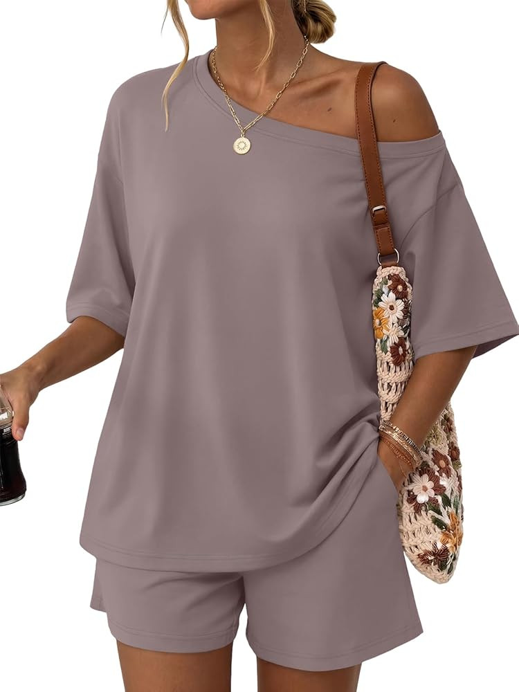 Amazon.com: Trendy Queen Womens 2 Piece Summer Shorts Set Off The Shoulder Oversized Tops Lounge ... | Amazon (US)