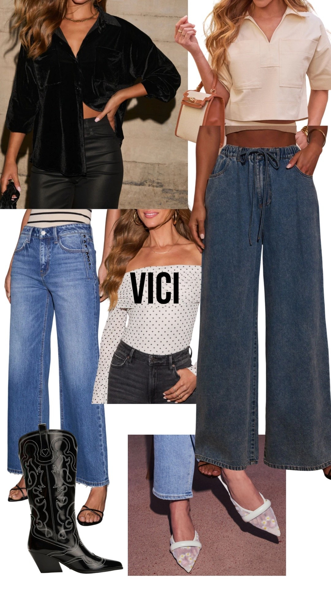 Vici sale! 
Going out tops 
Drawstring denim 
Studs 
Western black boots 
Mesh flats with daisies! 
Polka dot top 

#LTKShoeCrush #LTKxVICI #LTKSeasonal