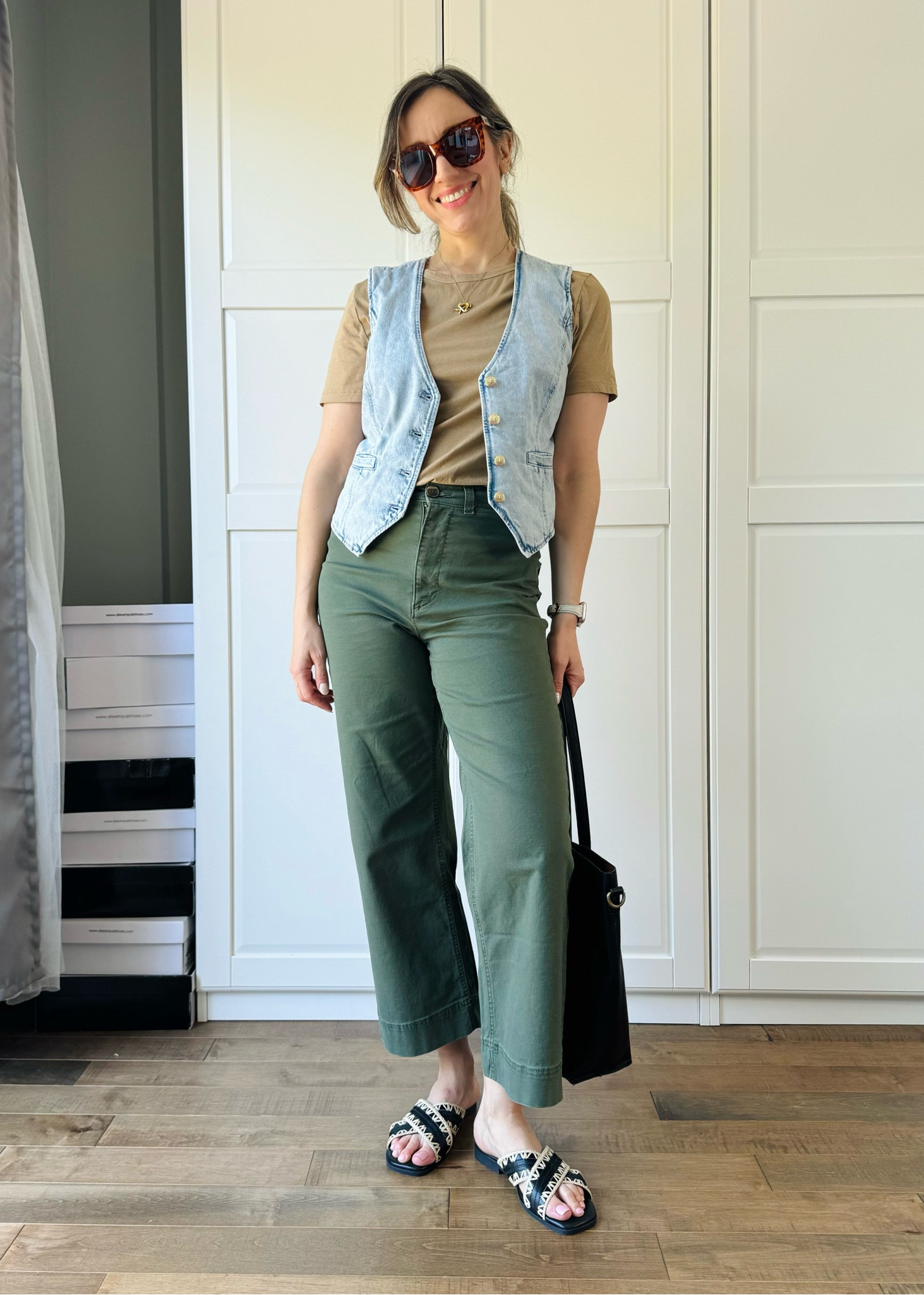 Relaxed, natural style spring outfit with a light denim vest, dark beige t-shirt and cropped wide leg olive green pants with slides  

#LTKOver40 #LTKFindsUnder50