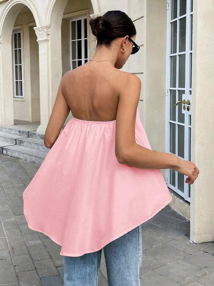 Siren Gaze Summer Tops For Women 2025: Minimalist Lined Bandeau With Asymmetric High-Low Hem & A-Line Silhouette, Casual Chic Summer Outfits Pink Strapless Top Pink Ruffle Top Baby Pink Top Pink Summer Top Strapless Shirt | SHEIN
