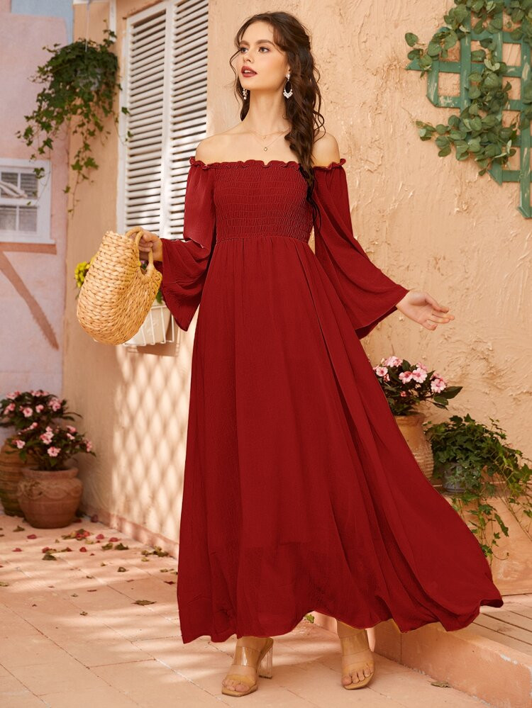 Off Shoulder Shirred Bell Sleeve Dress | SHEIN