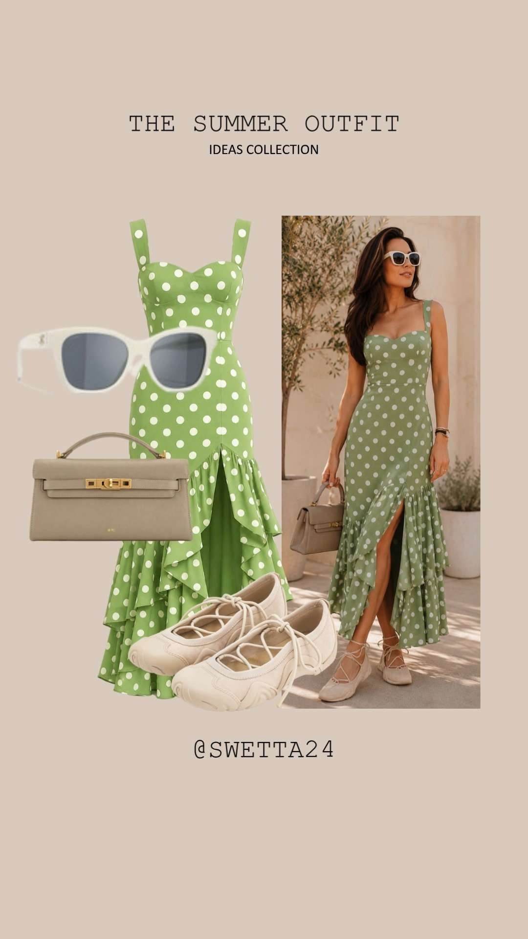 ✨ Soft sage, polka dots, and the perfect neutral accessories — this outfit feels like summer in the chicest way. 🌿🤍

From the statement dress to the ballet-inspired flats and structured handbag, every piece is effortlessly elegant and easy to wear. Linked all the details for anyone building a feminine, polished summer wardrobe.

#LTKStyleTip #SummerOutfit #PolkaDotDress #LTKFashion #SummerStyle #OutfitInspo #NeutralStyle #ClassicStyle #FashionFinds #ShopMyStyle #LTKUnder100 #SageGreenStyle #CapsuleWardrobe #EffortlessChic #Swetta24 

 