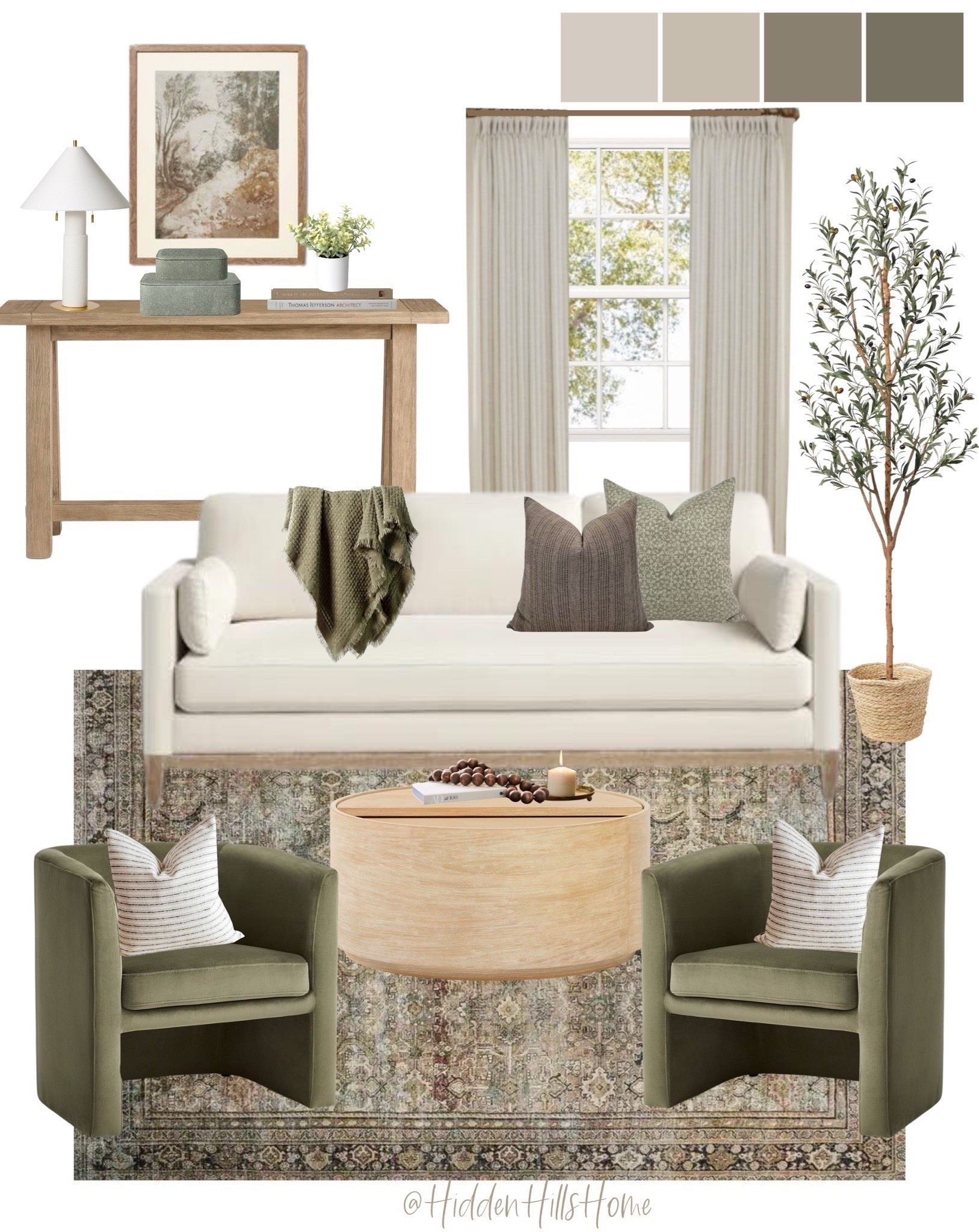 Living room design mood board, green living room inspo, living room decor #moodboard