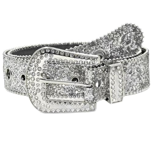 JFYSJH Plus Size Silver Rhinestone Belt for Women Men Bling Western Cowboy Belt Sparkly Belt, Fit Waist 38-43 inch | Amazon (US)