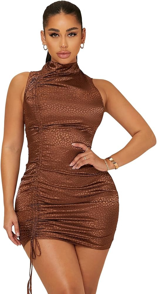 Floerns Women's Drawstring Ruched Sleeveless High Neck Bodycon Party Mini Dress | Amazon (US)