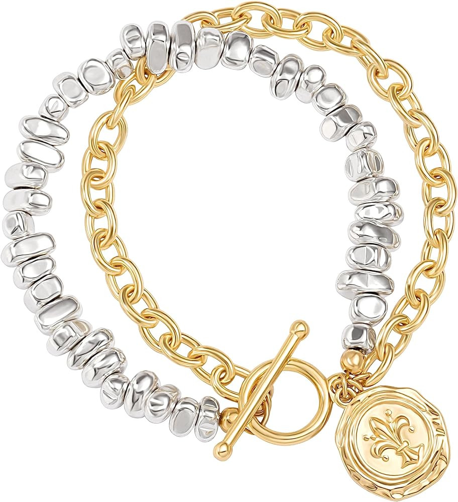 PEARLADA 18k Gold Chain Layerd Bracelet Coin Charm Toggle Bracelet Trendy Cubic Zirconia Jewelry | Amazon (US)