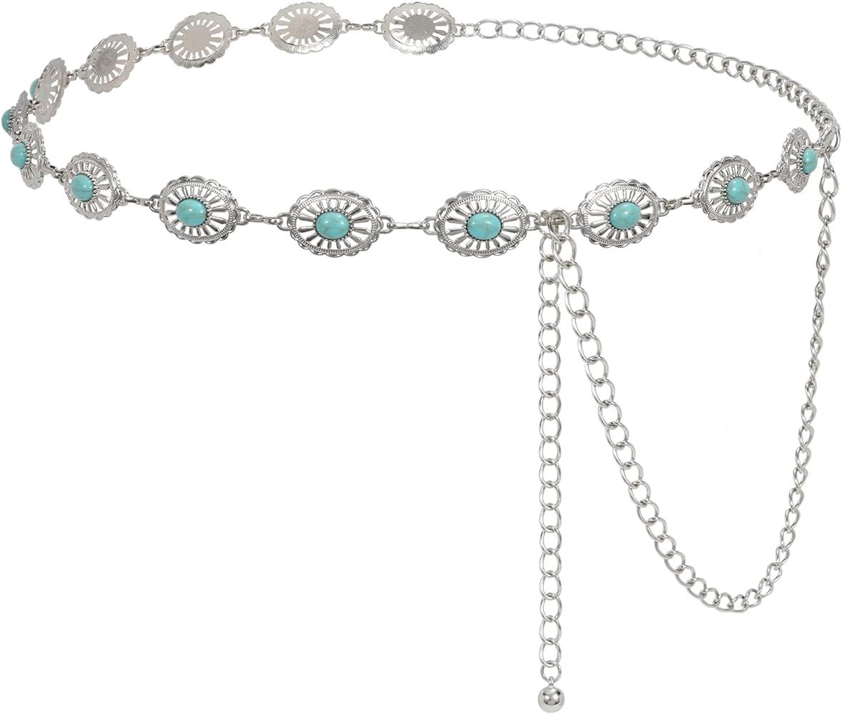 LEACOOLKEY Women Turquoise Concho Chain Waist Belt Silver Western Metal Boho Chain Belt for Dress... | Amazon (US)