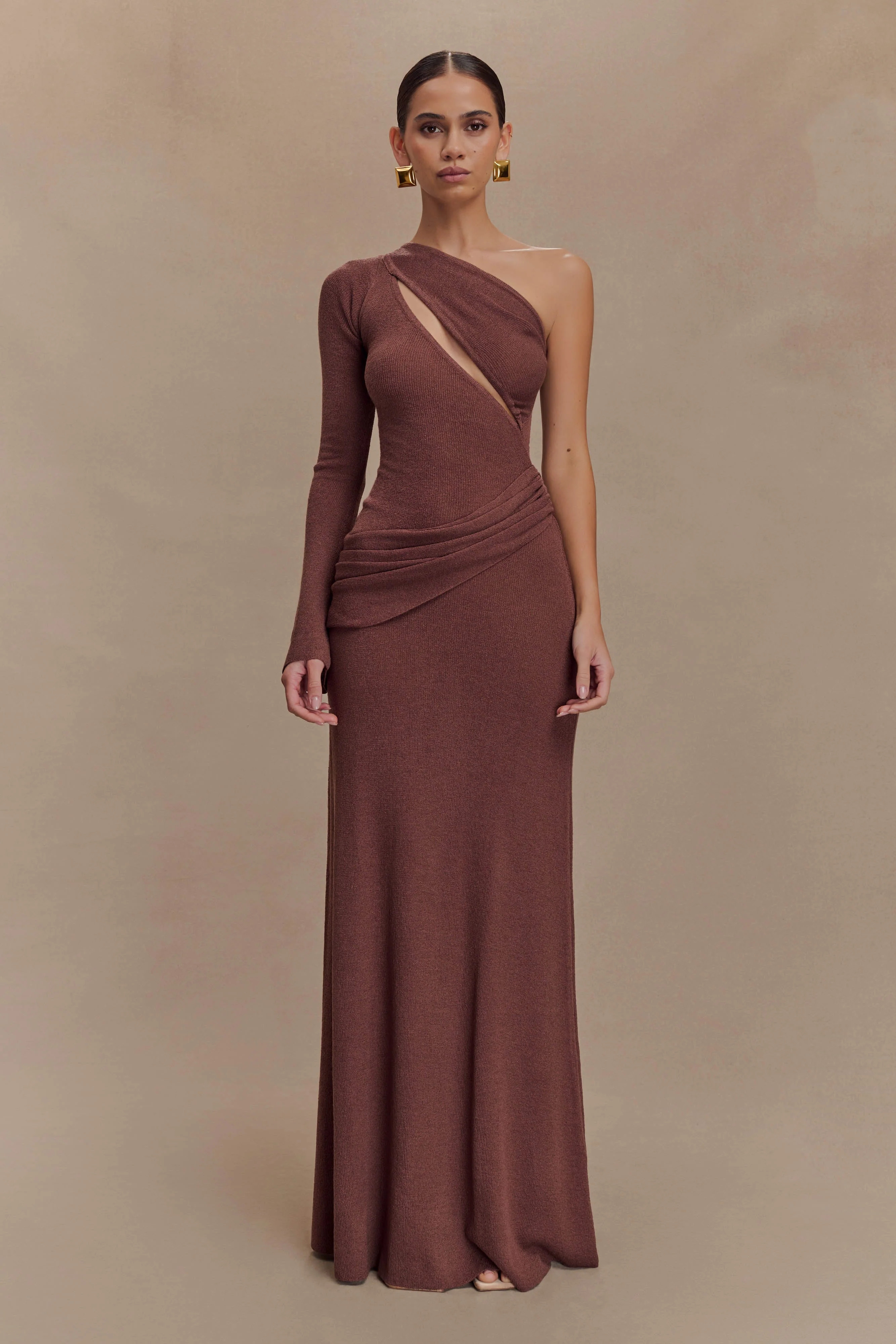 One Shoulder Knit Maxi Dress - Nutmeg | MESHKI US