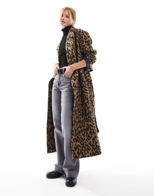 Miss Selfridge belted wrap formal coat in leopard print | ASOS (Global)