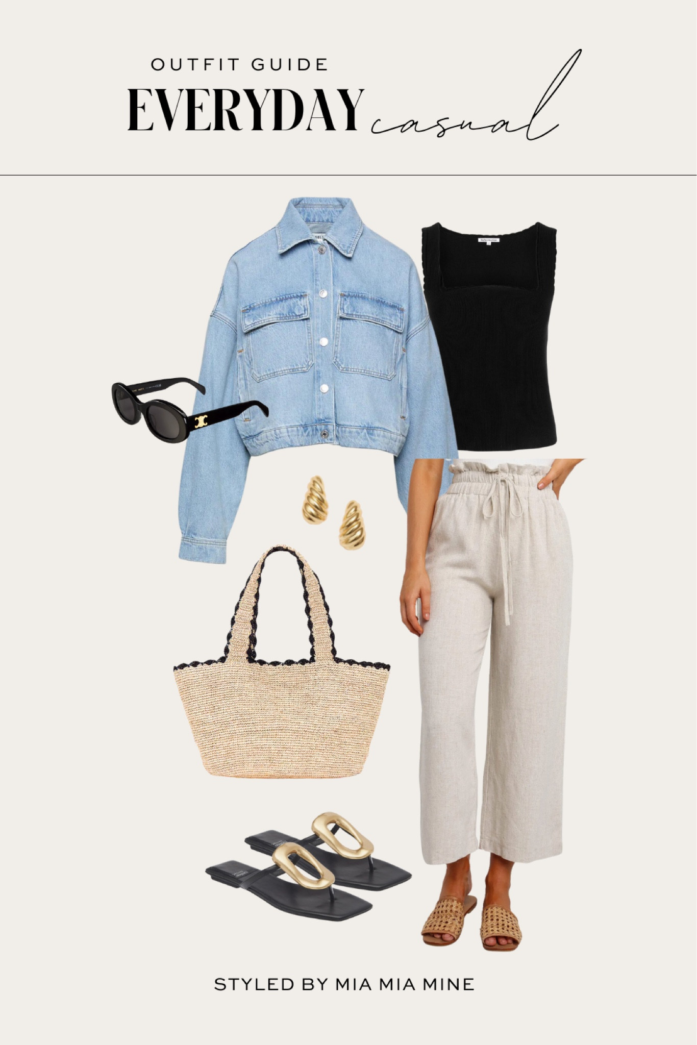 Casual summer outfit 
Agolde cropped denim jacket
Reformation knit top
Petal & pup denim pants
Jeffrey Campbell sandals
Btb straw tote  

#LTKStyleTip #LTKSeasonal #LTKFindsUnder100