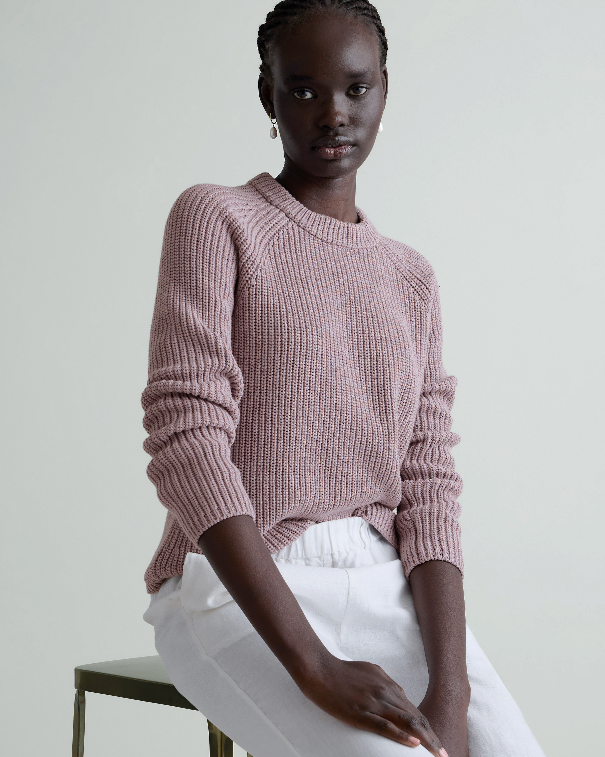 Quince | Women's Fisherman Crew Sweater in Vintage Rose, Size Small, Organic Cotton | Quince